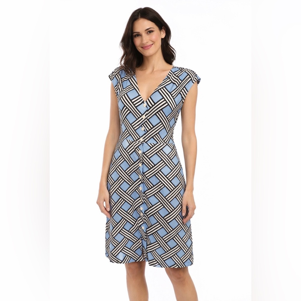 Draper James Dress S Small 4 6 Blue White Linen Midi Button Pockets Washable